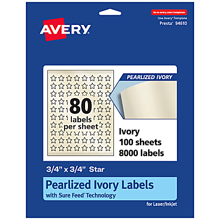 Avery® Pearlized Permanent Labels With Sure Feed®, 94610-PIP100, Star, 3/4" x 3/4", Ivory, Pack Of 8,000 Labels