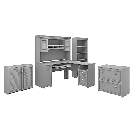 Bush Furniture Fairview 60"W L-Shaped Desk With Hutch, Storage Cabinets And 5-Shelf Bookcase, Cape Cod Gray, Standard Delivery
