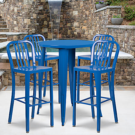 Flash Furniture Commercial-Grade 30" Round Metal Indoor-Outdoor Bar Table with 4 Vertical-Slat-Back Stools, Blue