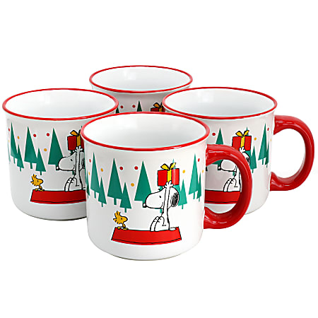 Peanuts Snoopy And Woodstock 4-Piece Stoneware Christmas Tree Mug Set, 21 Oz, Red/Multicolor
