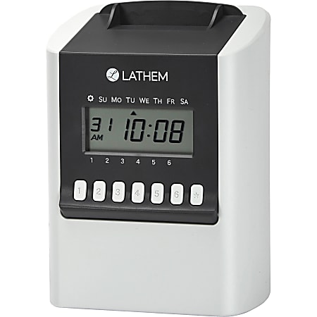 Lathem Calculating Electronic Time Clock, 100 Employees, 6-15/16”H x 5-1/4”W x 9-5/8”D, Gray, 700E