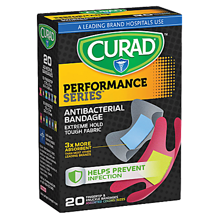 CURAD® Finger/Knuckle Antibacterial Adhesive Bandages, 1 3/4" x 2", Assorted Colors, Pack Of 20