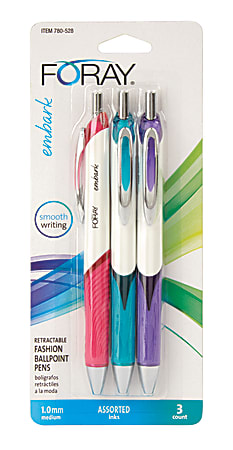 FORAY® Embark Retractable Ballpoint Pens, Medium Point, 1.0 mm, Assorted Ink Colors, Pack Of 3