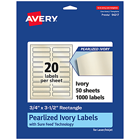 Avery® Pearlized Permanent Labels With Sure Feed®, 94217-PIP50, Rectangle, 3/4" x 3-1/2", Ivory, Pack Of 1,000 Labels