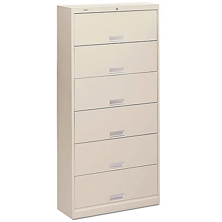 HON® Brigade® 600 36"W Lateral 6-Shelf Letter-Size File Cabinet With Locking Doors, Metal, Putty