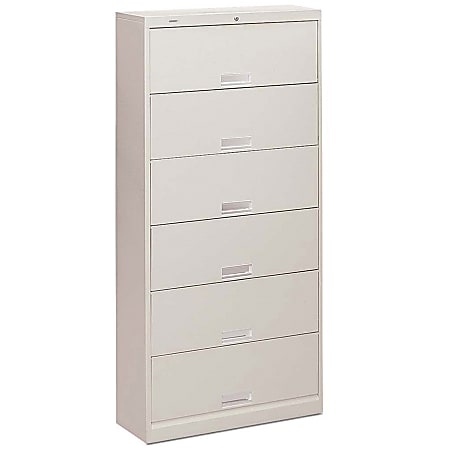 HON® Brigade® 600 36"W Lateral 6-Shelf Letter-Size File Cabinet With Locking Doors, Metal, Light Gray/White