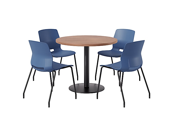 KFI Studios Midtown Pedestal Round  Table Set With Armless Chairs, 31-3/4”H x 22”W x 19-3/4”D, River Cherry Top/Black Base/Navy Chairs, 840031938879