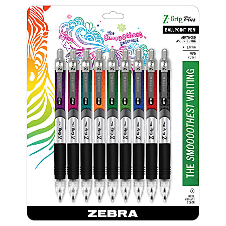 Zebra® Pen Z-Grip® Plus Retractable Ballpoint Pens, Pack Of 9, Medium Point, 1.0 mm, Assorted Barrel Colors, Assorted Ink Colors