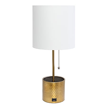 Simple Designs Hammered Metal Organizer Table Lamp, 18-1/2”H, White Shade/Gold Base