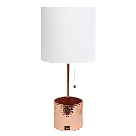 Simple Designs Hammered Metal Organizer Table Lamp, 18-1/2”H, White Shade/Rose Gold Base