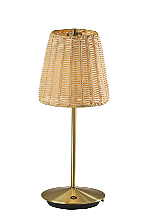 Adesso Andy LED Cordless Indoor/Outdoor Table Lamp, 15”H, Rattan Shade/Antique Brass Base
