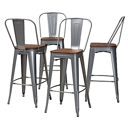 Baxton Studio Rosetta 4-Piece Bar Stool Set, Gray/Walnut Brown