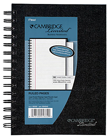 Cambridge® Limited® Business Notebook, 5 3/16" x 8 5/16", 1 Subject, Legal Ruled, 48 Sheets, Black
