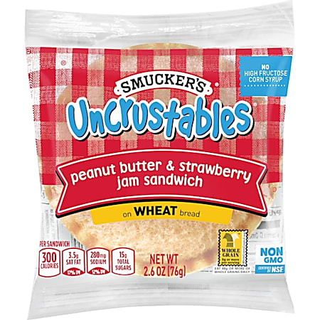 Smucker's Uncrustables Peanut Butter And Strawberry Jelly Wheat Sandwiches, 2.6 Oz, Pack Of 48 Sandwiches