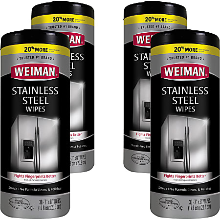 Weiman Stainless Steel Wipes - Wipe - 7" Width x 8" Length - 30 / Canister - 4 / Carton - White