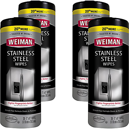 Weiman Stainless Steel Wipes - Wipe - 7 Width x 8 Length - 30 / Canister  - 4 / Carton - White