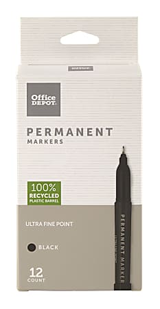 Office Depot® Brand Permanent Markers, Ultra-Fine Point, 100% Recycled Plastic Barrel, Black, Pack Of 12