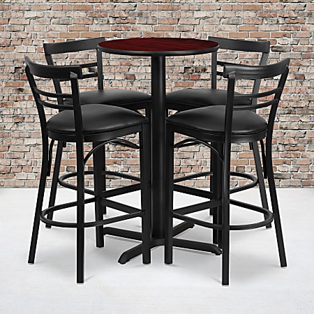 Flash Furniture Round Laminate Table Set With X-Base And Four 2-Slat Ladder-Back Metal Barstools, 42"H x 24"W x 24"D, Mahogany/Black