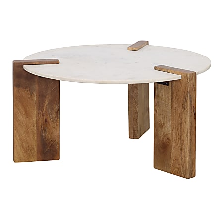 Coast to Coast Miranda Wood Round Cocktail Table With Marble Top, 18”H x 35”W x 35”D, Emory White/Natural