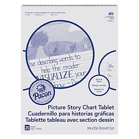 Pacon Ruled Picture Story Chart Tablet - 25 Sheets - Spiral Bound - Both Side Ruling Surface - Ruled - 1.50" Ruled - 13.63" Picture Story Space - 24" x 32" - White Paper - Punched - 1 Each