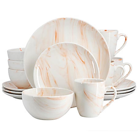 Elama Fine Marble 16-Piece Porcelain Dinnerware Set, Orange