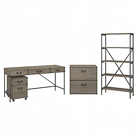 kathy ireland Home by Bush® Furniture Ironworks 60"W Writing Desk With File Cabinets And 5-Shelf Etagere Bookcase, Restored Gray, Standard Delivery