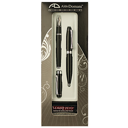 Aldo Domani® Sorrento™ Mini Ballpoint Pen And Fountain Pen Set, Medium Point, 0.8 mm, Black Barrel, Black Ink
