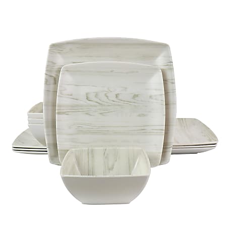 Gibson Home Wood Grain 12-Piece Dinnerware Set, White