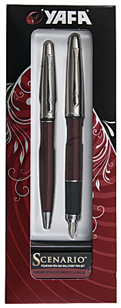 Yafa® Scenario™ Fountain Pen And Ballpoint Pen Set, Medium Point, 0.7 mm, Burgundy Barrel, Black Ink