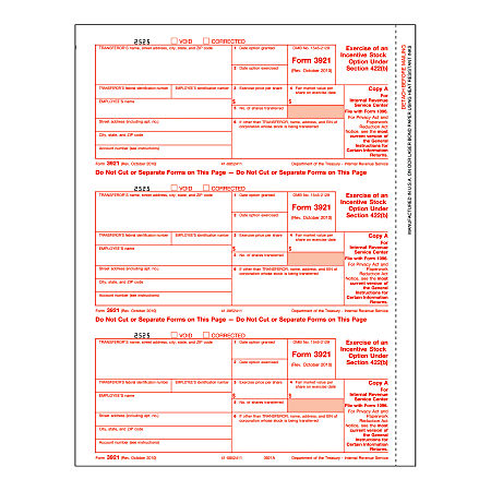 3921 Exercise Of An Incentive Stock Option Under Section 422(b) Copy A Cut Sheet 30% Recycled Laser Forms, Pack Of 150