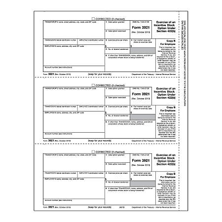 3921 Exercise Of An Incentive Stock Option Under Section 422(b) Copy B Cut Sheet 30% Recycled Laser Forms, Pack Of 150