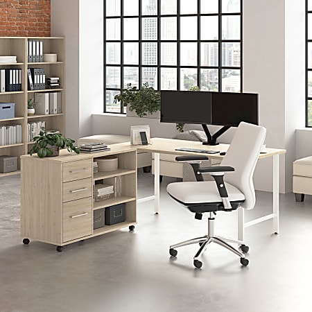 Bush Business Furniture Hustle 60"W Computer Desk and Storage Cabinet with Drawers and Shelves, Natural Elm, Standard Delivery Service