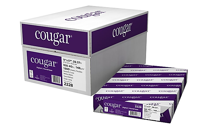Cougar® Digital Printing Paper, Ledger Size (11" x 17"), 98 (U.S.) Brightness, 100 Lb Text (148 gsm), FSC® Certified, 250 Sheets Per Ream, Case Of 6 Reams