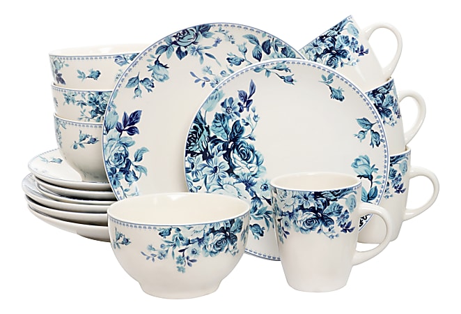 Elama 16-Piece Stoneware Dinnerware Set, Blue Rose