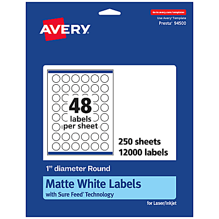 Avery® Permanent Labels With Sure Feed®, 94500-WMP250, Round, 1" Diameter, White, Pack Of 12,000