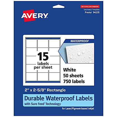 Avery® Waterproof Permanent Labels With Sure Feed®, 94235-WMF50, Rectangle, 2" x 2-5/8", White, Pack Of 750
