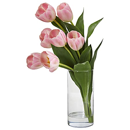Nearly Natural Tulip 16”H Artificial Floral Arrangement With Cylinder Vase, 16”H x 7”W x 3”D, Pink