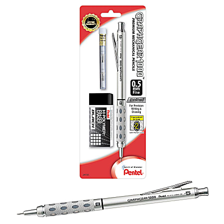 Pentel® Graph Gear 1000™ Mechanical Pencil with Eraser Set, 0.5mm, #2 Lead, Silver Barrel
