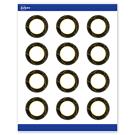 Avery® Printable Round Cards With Sure Feed® Technology, 2", Matte White With Preprinted Black Border with Gold Pattern Design, Pack Of 120