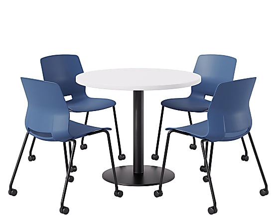 KFI Studios Proof Cafe Round Pedestal Table With Imme Caster Chairs, Includes 4 Chairs, 29”H x 36”W x 36”D, Designer White Top/Black Base/Navy Chairs