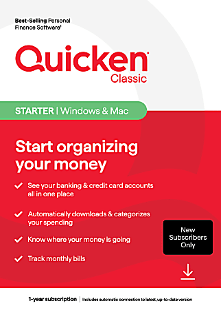 Quicken Classic Starter, New User, 1-Year Subscription, Windows&reg;/Mac/iOS/Android Compatible, ESD