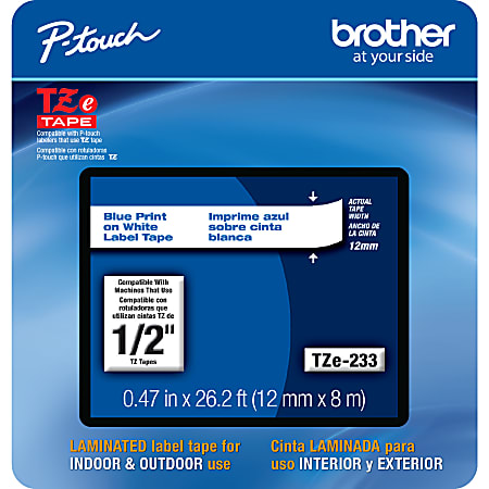 Brother P-touch TZe233, Laminated, 1/2" x 26.2 ft (12mm x 8m), Blue on White Label Tape
