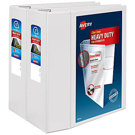 Avery&reg; Heavy-Duty View 3 Ring Binder, 5" One Touch EZD&reg; Rings, White, Pack Of 2 Binders