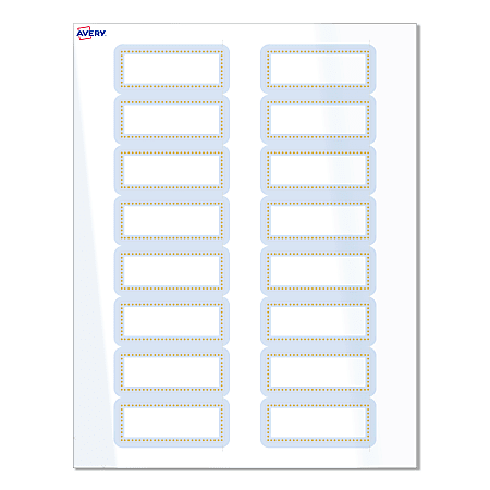 Avery® Print-To-The-Edge Labels & Sure Feed®, S00-D2E-PRWGP10, 1" x 2-5/8", Glossy White, Preprinted Blue Border & Gold Dots Design, Pack Of 160