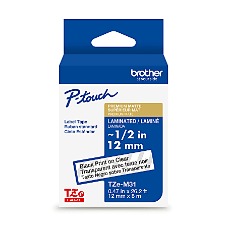 Brother P-touch TZeM31, Premium Matte Laminated, ~1/2in x 26.2ft (12mmx 8m), Black on Clear Label Tape