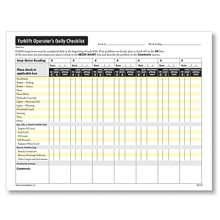 ComplyRight Forklift Operators Daily Checklist Sheets, 8 1/2" x 11", White, Pack Of 50