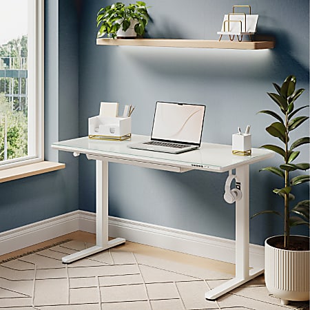 Realspace&reg; 48&rdquo;W Glass-Top Electric Height-Adjustable Standing Desk, White