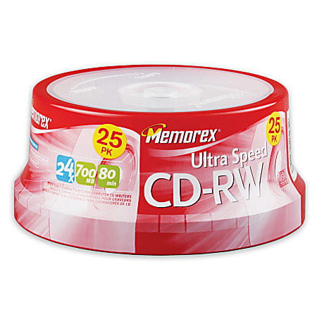 Memorex® Ultra Speed CD-RW Media Spindle, 700MB/80 Minutes, 16x-24x, Pack Of 25