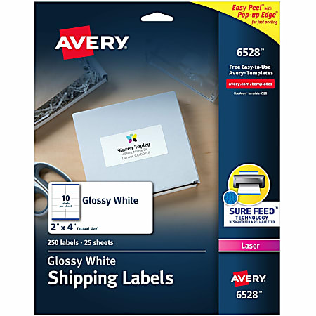 Avery® Glossy Permanent Labels, 6528, Mailing, 2" x 4", White, Pack Of 250