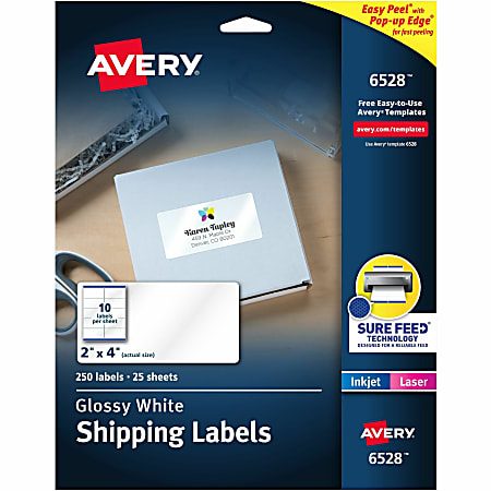 Avery® Glossy Permanent Labels, 6528, Mailing, 2" x 4", White, Pack Of 250